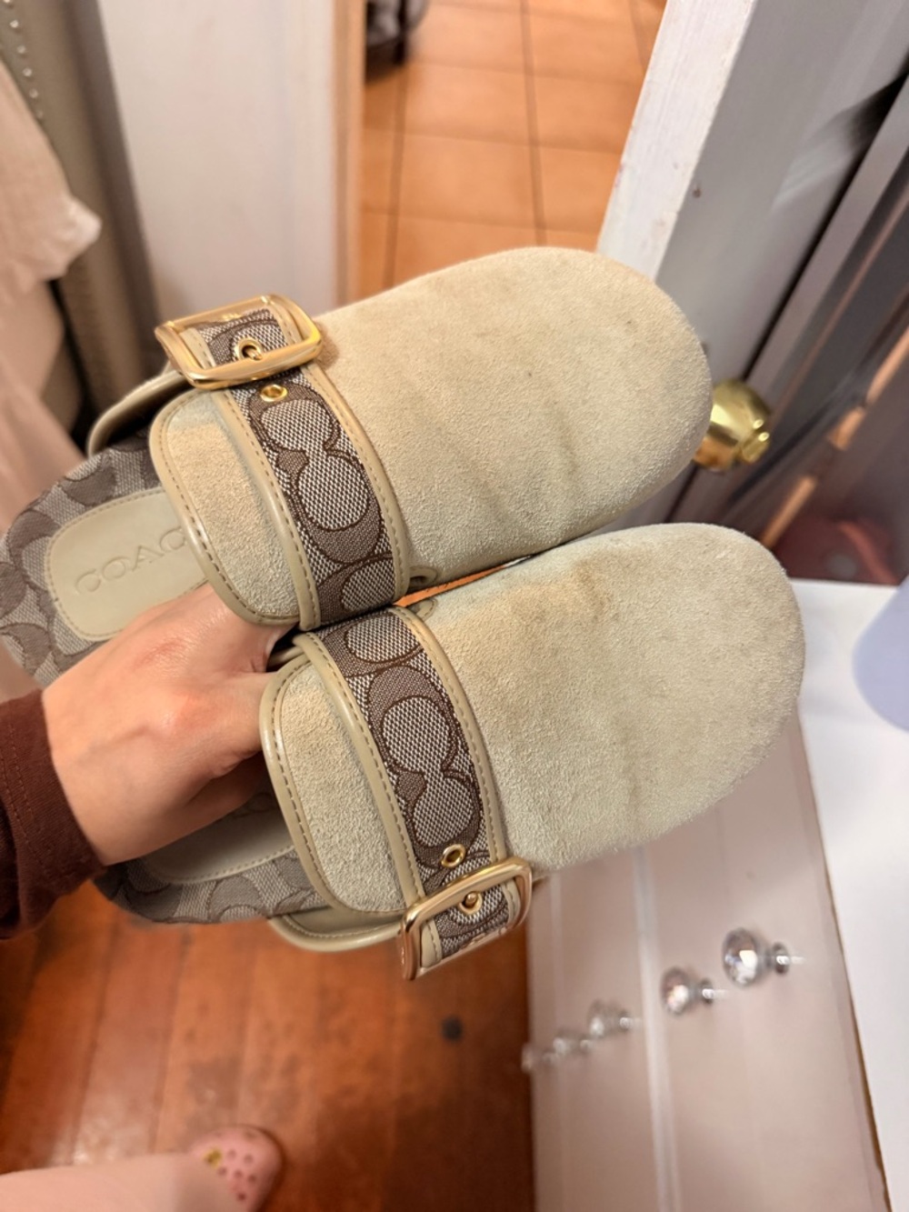 Coach Beige Suede Mules with Signature Monogram Trim and Gold Buckles